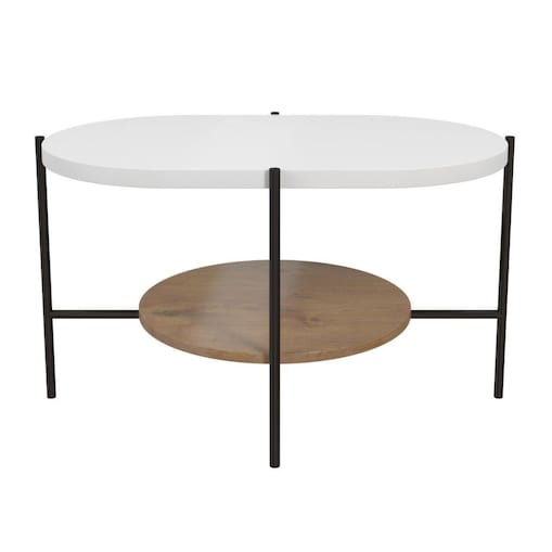 Nowoczesny stolik kawowy Dancan ARENA / czarna podstawa + biały i dębowy blat