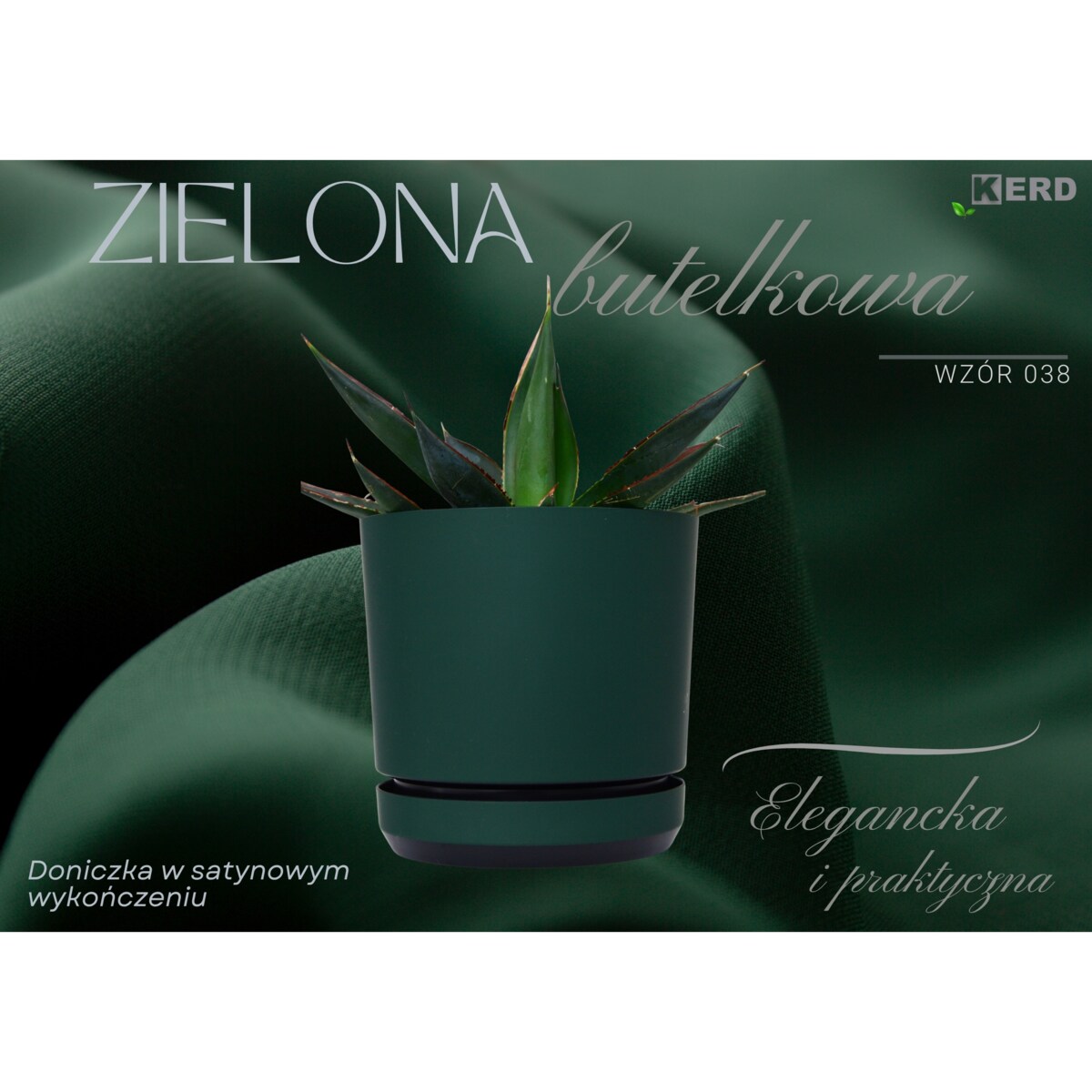 21 cm wzór ZIELONA BUTELKOWA Doniczka z podstawką ciemna zieleń satynowa matowa