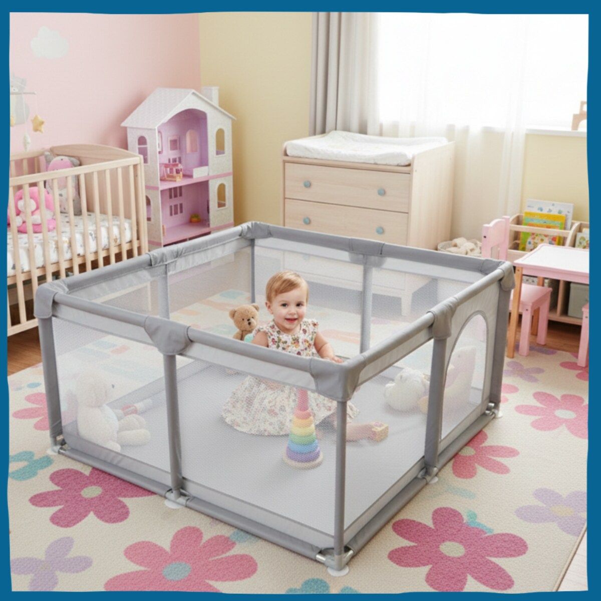 Kojec dla dziecka 126x126 cm suchy basen plac zabaw szary + piłki + torba