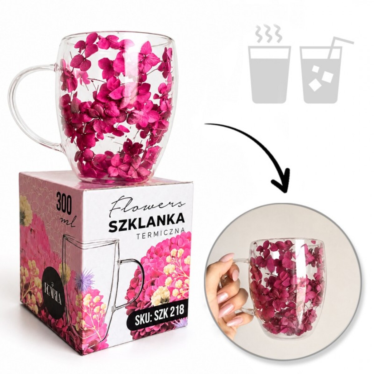 Szklanka termiczna z kwiatami w środku 300ml 1szt, pełna hortensji, burgund bordo SZK218