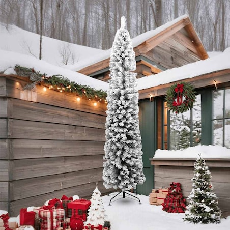 vidaXL Smukła, sztuczna choinka, zielona, ośnieżona, 240 cm, PVC