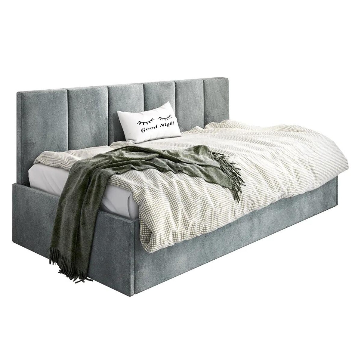 Łóżko młodzieżowe SORA 90x200 szare z tapicerowanym panelem i pojemnikiem na pościel
