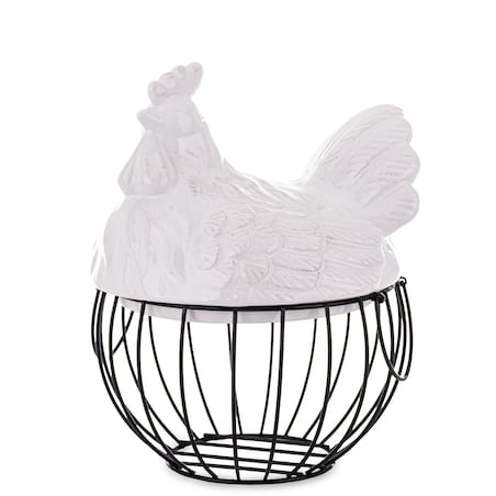 Dekoracja - figurka biała KURA I druciany KOSZYK 27x21x21 cm