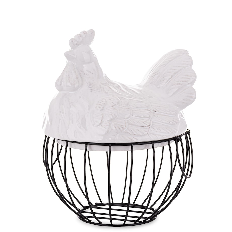 Dekoracja - figurka biała KURA I druciany KOSZYK 27x21x21 cm