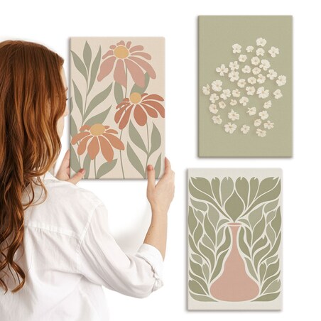 Zestaw 3 małych obrazów na płótnie - Kwiatowe motywy boho wzory - zielony