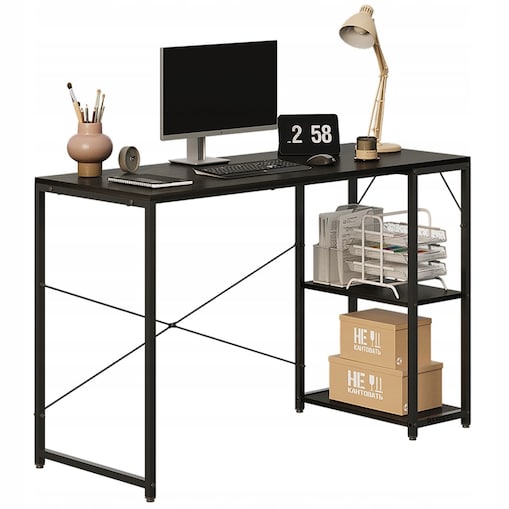 Biurko komputerowe stolik loft czarne solidne z półkami industrialne 120
