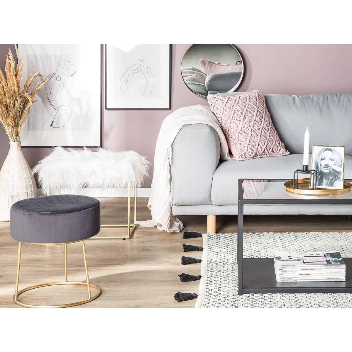 Stołek futrzany biały MANHATTAN