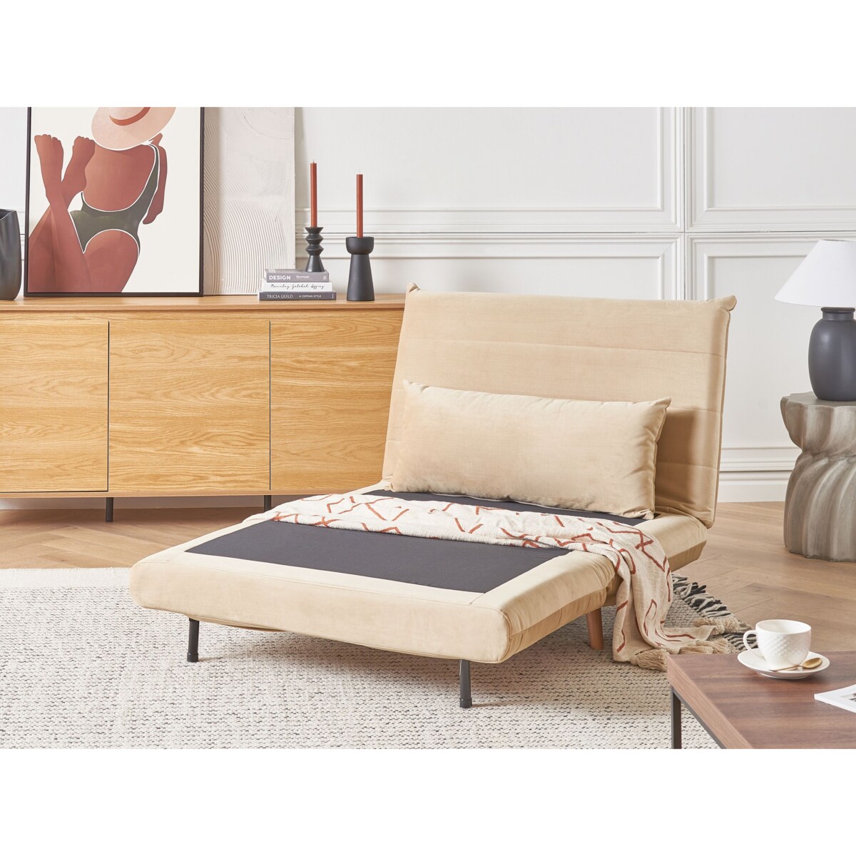 Sofa rozkładana welurowa jednoosobowa beżowa SETTEN