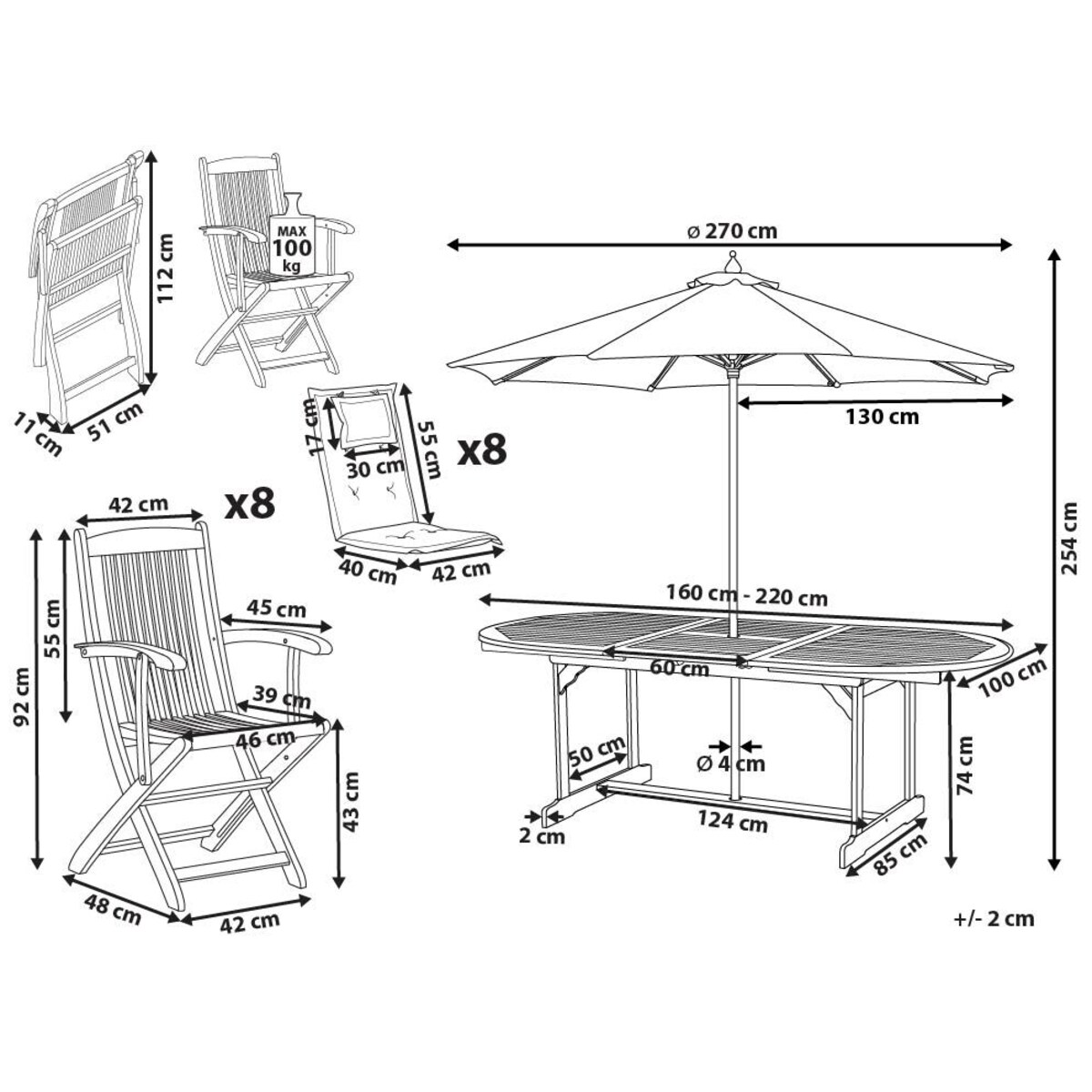 Zestaw ogrodowy drewniany stół z parasolem i 8 krzeseł z poduszkami złamana biel MAUI II