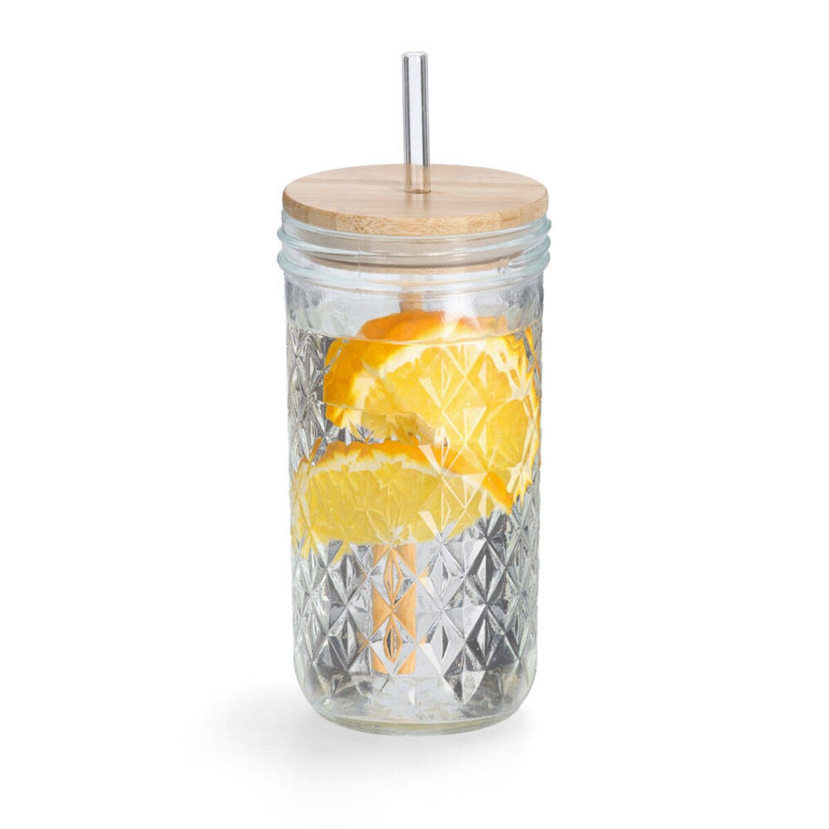 Szklanka z metalową słomką i szczelnym wieczkiem z bambusa, 580 ml