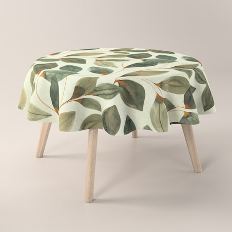 Obrus okrągły 130 x 130 cm brązowo-pomarańczowe liście na szarym lnianym tle