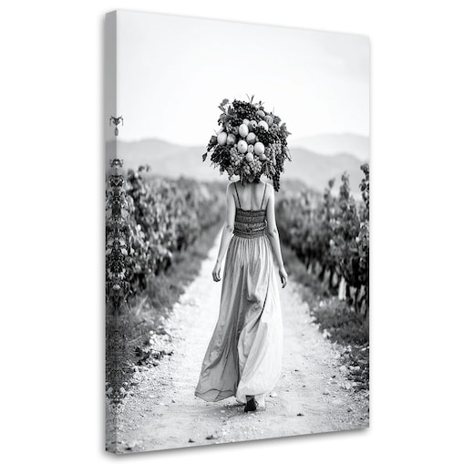 Obraz czarno biały do salonu, Kobieta z owocami na głowie 60x90