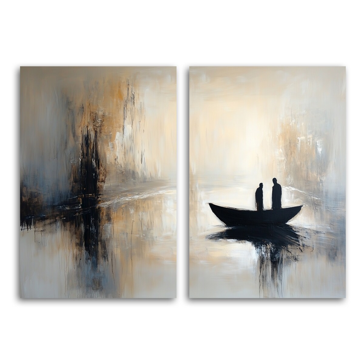 Obraz set 2 sztuki nowoczesny do salonu sypialni biura jadalni Beżowa abstrakcja łódka i postacie 140x100 (2x70x100)