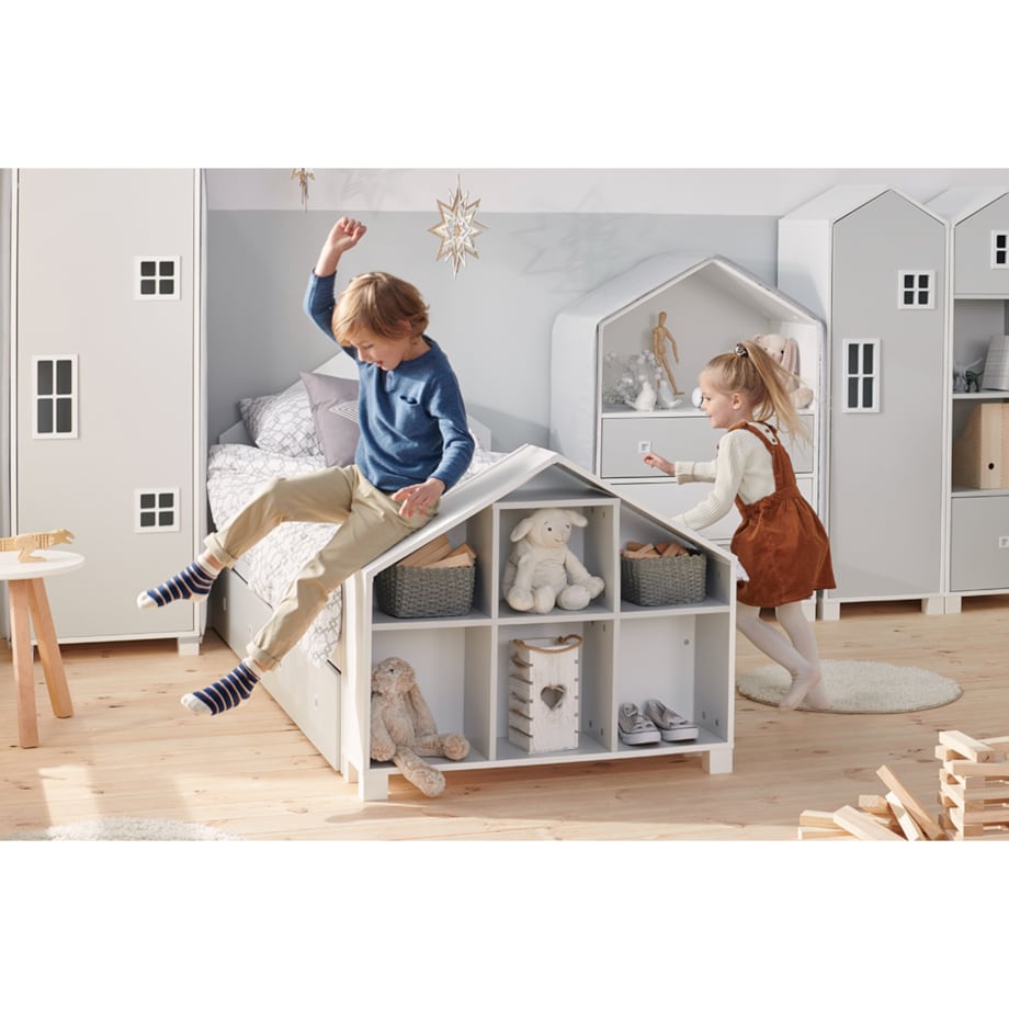 KONSIMO MIRUM Szara szafa z półkami w kształcie domku dla dziecka