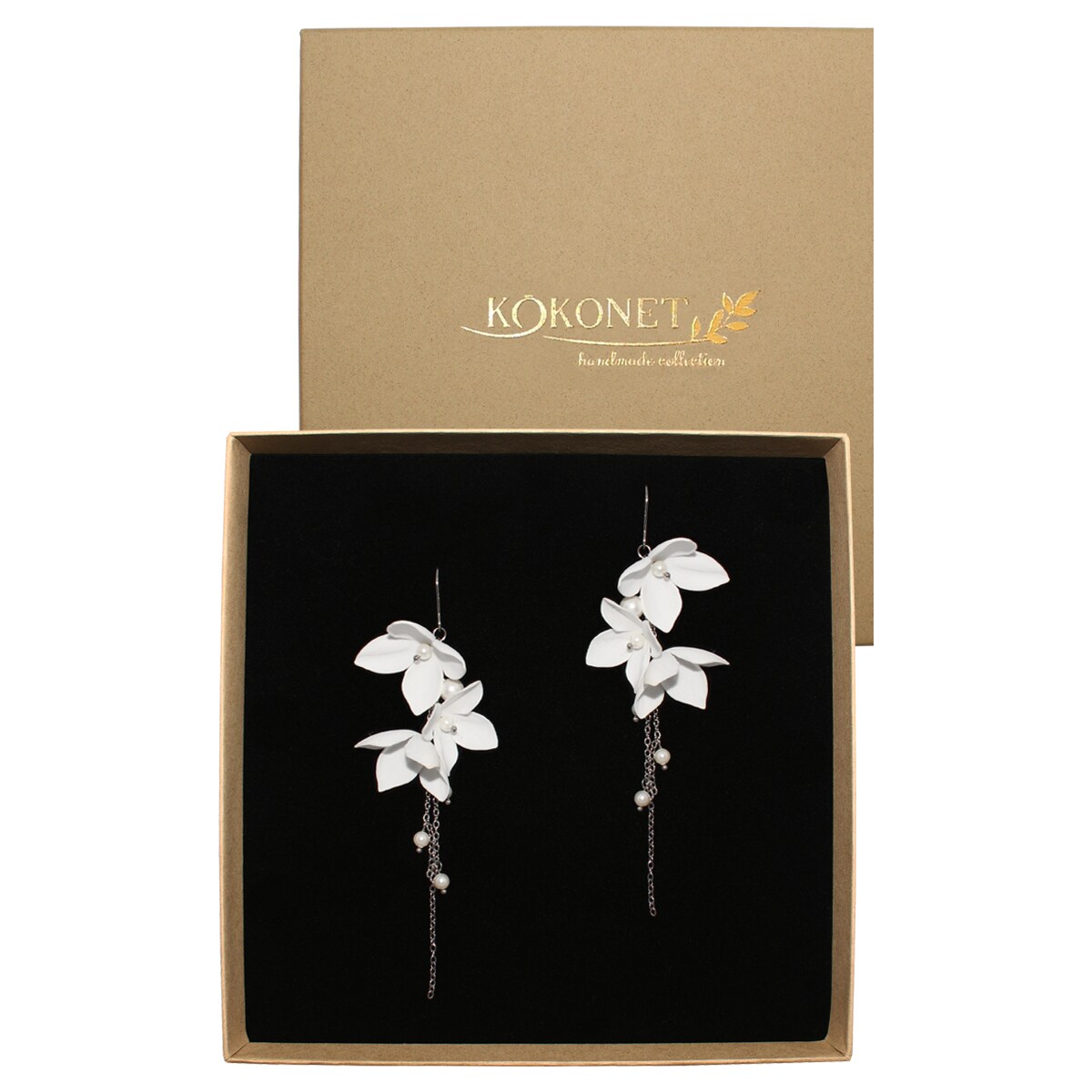 Kwiatowe długie wiszące KOLCZYKI perły z łańcuszkami BOHO biżuteria ślub