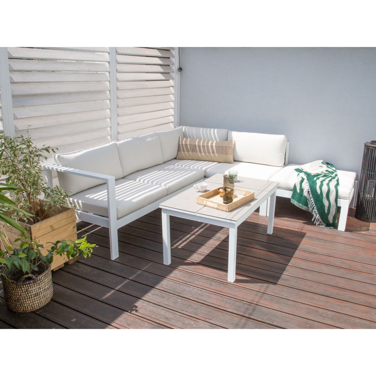 Narożnik ogrodowy ze stolikiem dla 5 osób MESSINA Lewostronny Metal Złamana biel