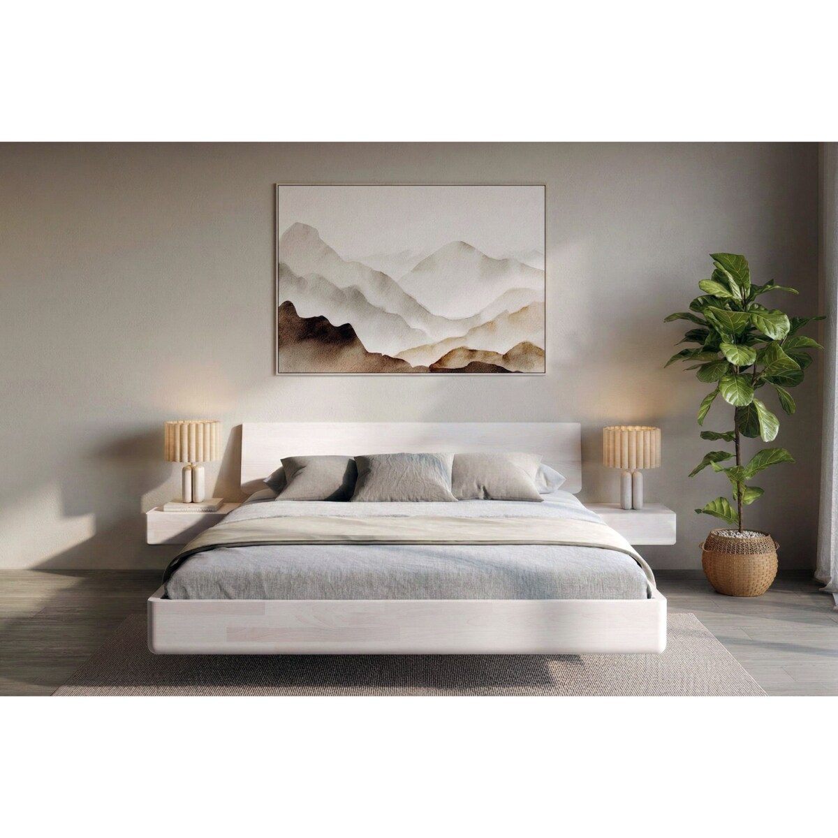 Łóżko lewitujące drewniane bukowe Visby LENA z szafkami / 160x200 cm, kolor biały