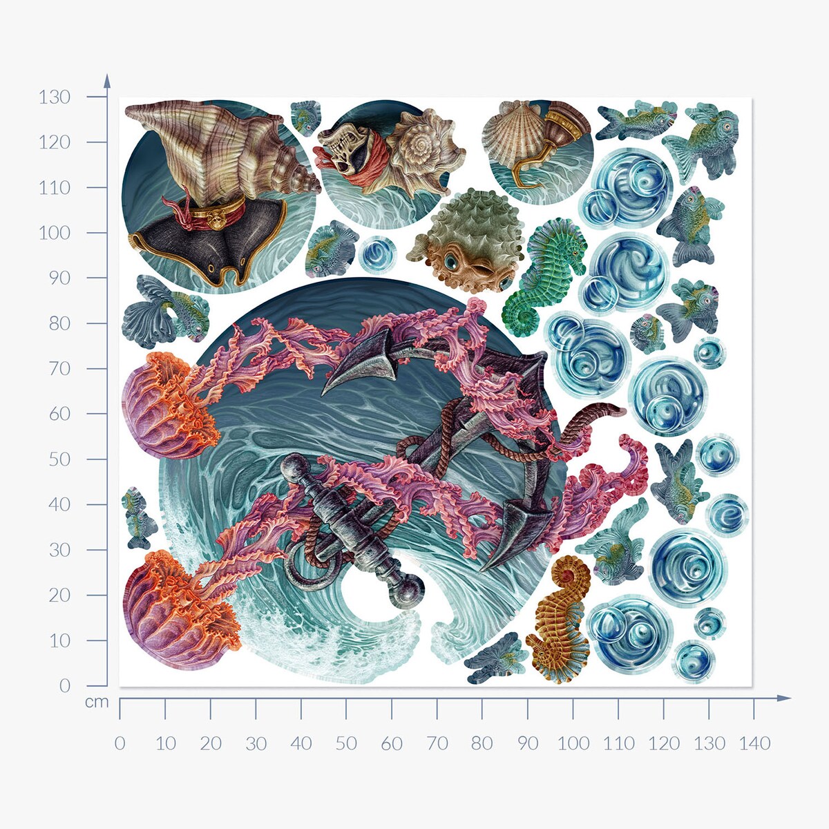 Zestaw naklejek na ścianę, Podwodny świat meduzy, 130cm