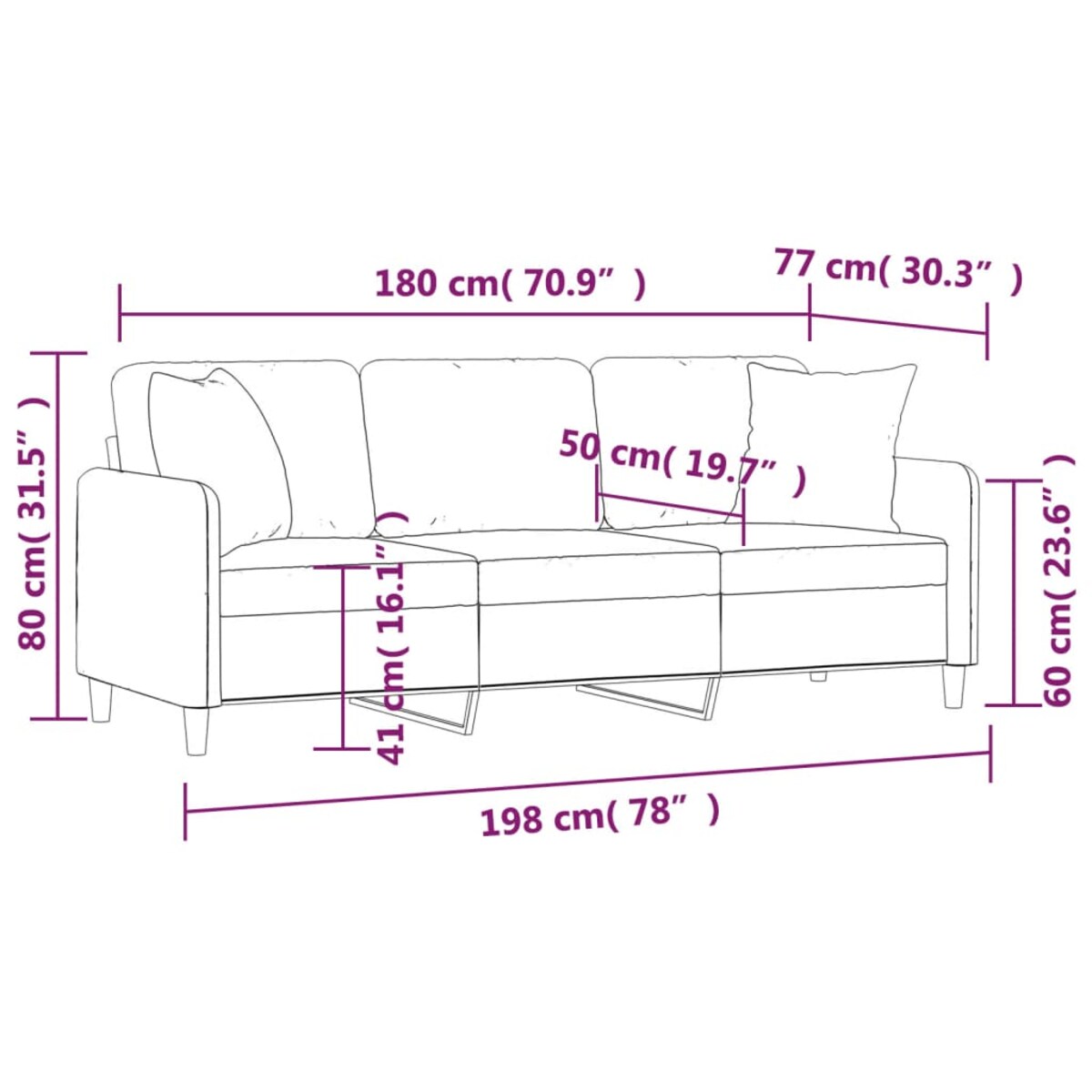 vidaXL 3-osobowa sofa z poduszkami, czarna, 180 cm, tkanina
