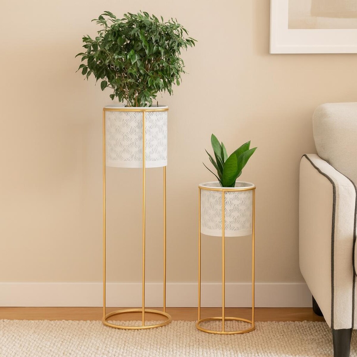 Kwietnik metalowy WHITY, zestaw 2 szt., biały, Ø 17x46 i 14x34 cm