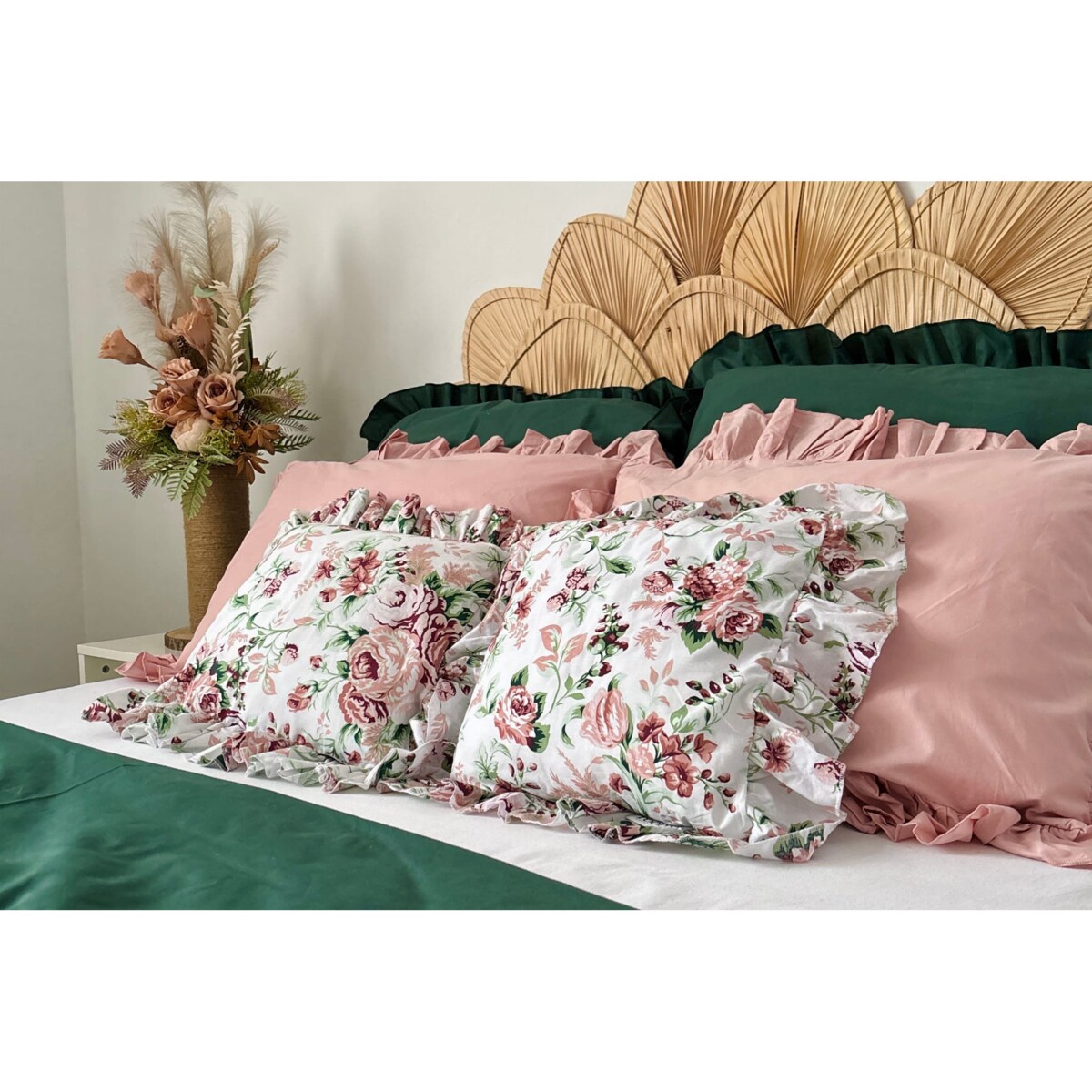 Pościel Bawełniana Z Falbanką Zestaw Komplet Do Sypialni Kołdra + 6 Poduszek 160X200 Butelkowa Zieleń Retro Kwiaty