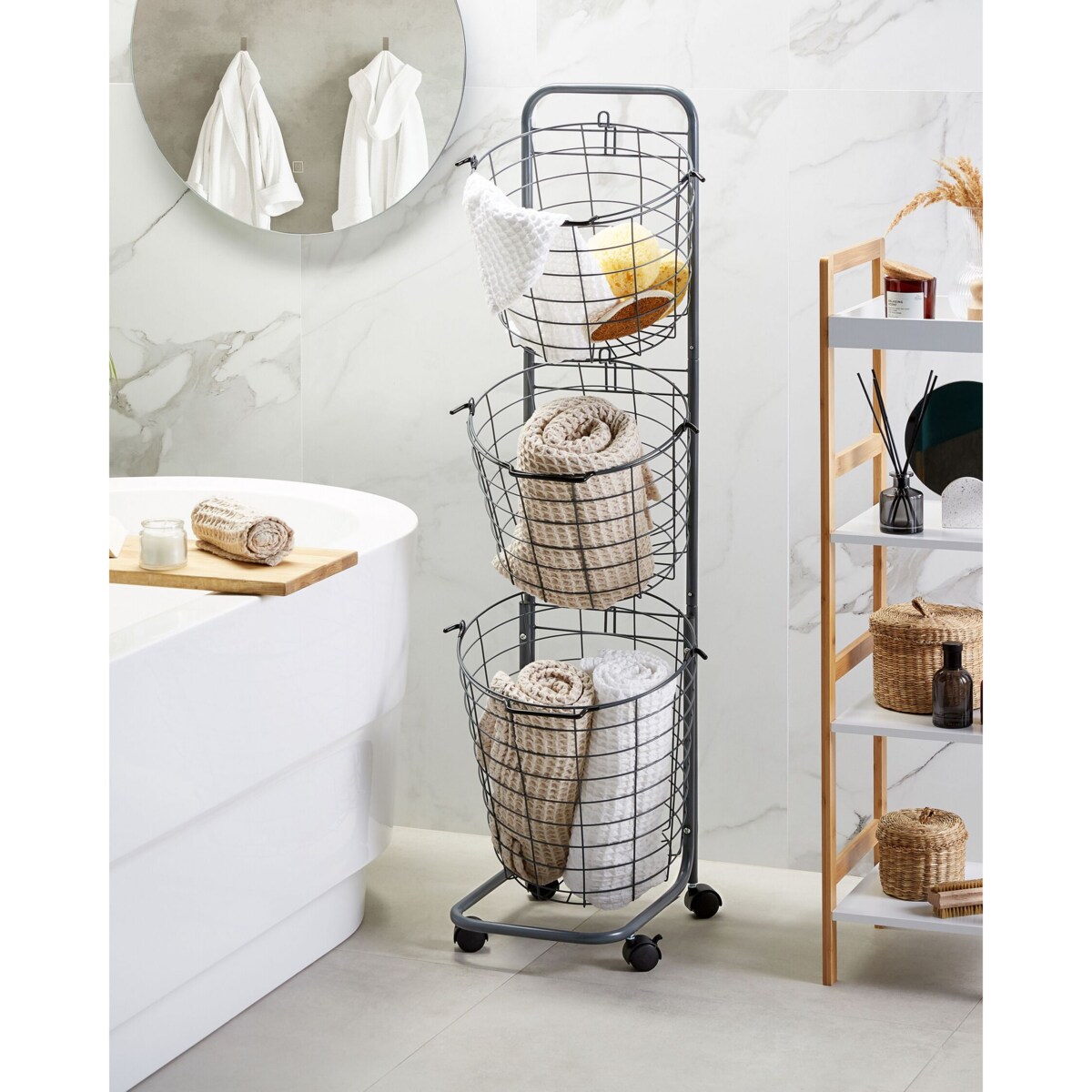 Stojak z 3 koszami na kółkach metalowy szary AYAPAL