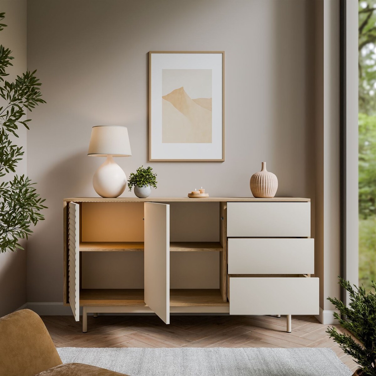 Komoda FLORENCE 2D3S z szufladami, dąb olejowany / kaszmir