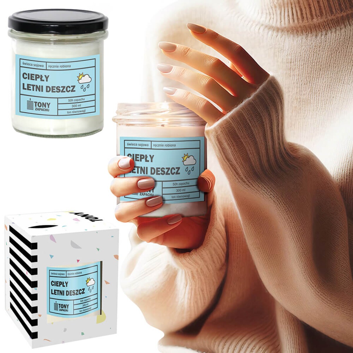 Świeca sojowa naturalna zapachowa CIEPŁY LETNI DESZCZ- najlepsza aromatyczna bezpieczna ręcznie robiona w szklanym słoiczku 300ml 50h palenia na prezent upominek