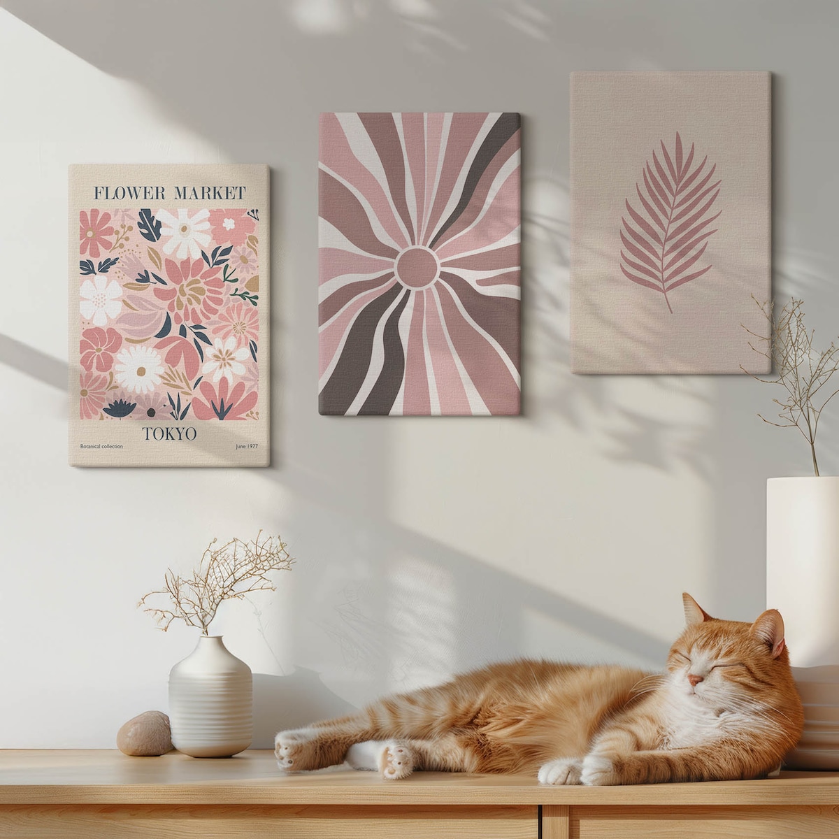 Zestaw 3 małych obrazów na płótnie - Kwiatowe wzory liści i geometria - różowy