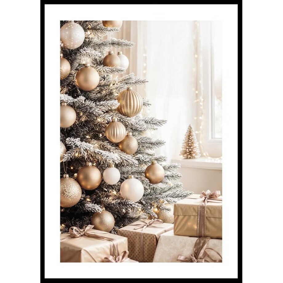 Poster Story, Plakat, Obraz - Choinka i Prezenty w Odcieniach Złota, wymiary 50 x 70 cm