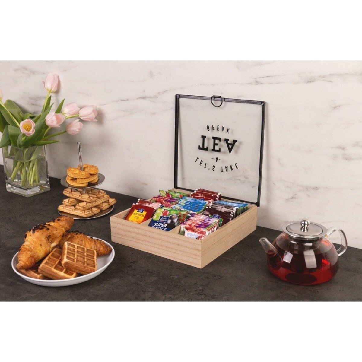 Herbaciarka ze szklaną szybką, szkatułka na herbatę - 9 przegródek