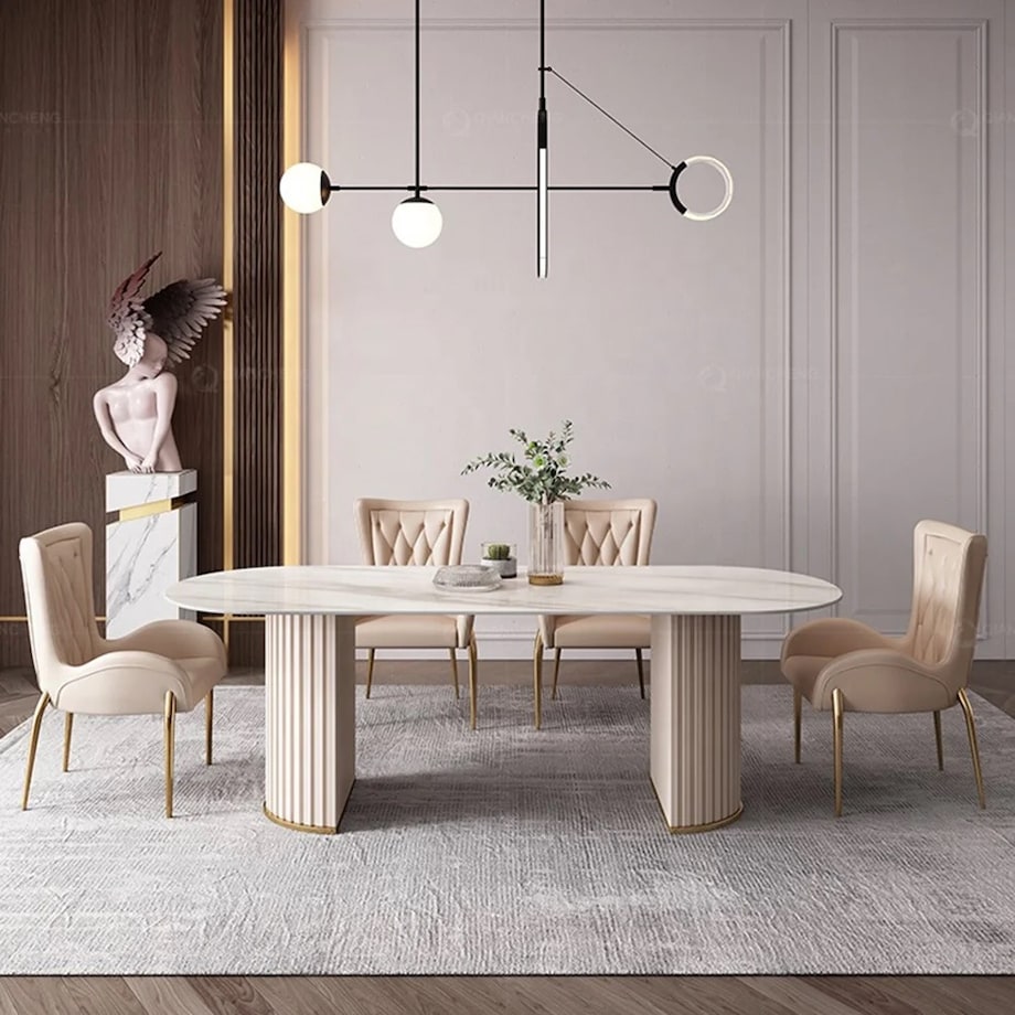 Nowoczesny złoty stół plisowany Glamour Nowojorski Blanka z kamiennym blatem o wzorze marmuru 180x90x75 / do jadalni