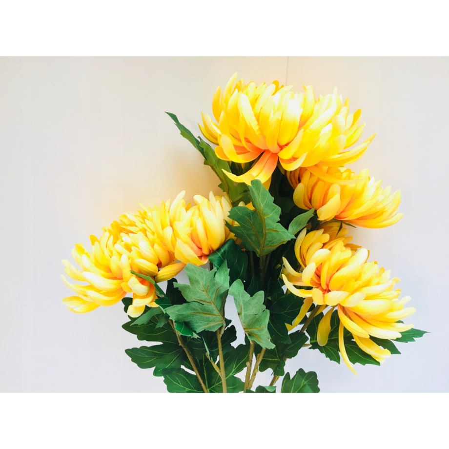 BUKIET DUŻY chryzantemy ŻÓŁTE sztuczne LIŚCIE do flakonu na cmentarz grób