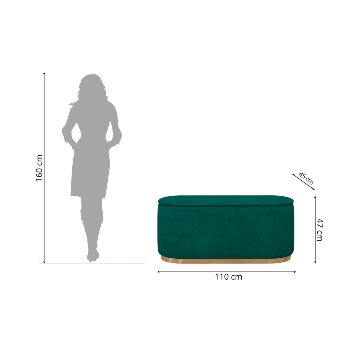 Tapicerowany owalny puf ze schowkiem Dancan SCARLETT na złotej podstawie / szer. 110 cm / zielony