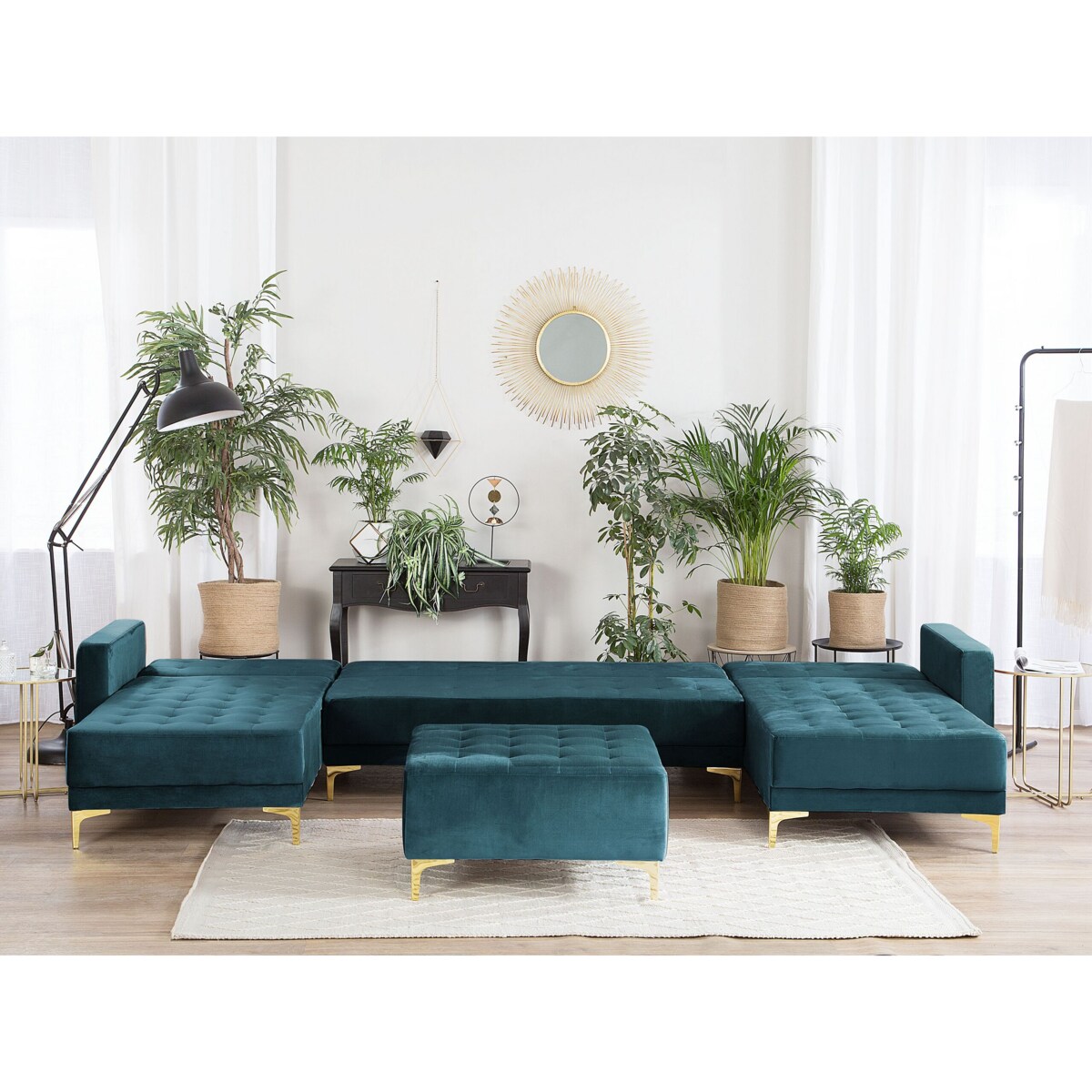 Narożnik rozkładany 5-osobowy z otomaną welurowy zielony ABERDEEN