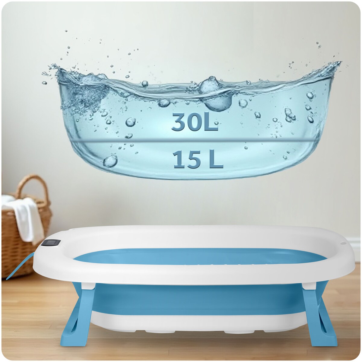 Wanienka składana dla dziecka niemowląt Ricokids silikonowa termometr LCD biało-niebieska