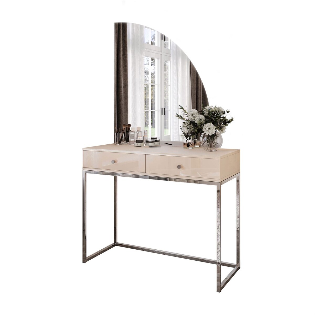 Toaletka kosmetyczna QUINNIE KASZMIR z lustrem LED chrom, prawa, uchwyt srebrny chrom