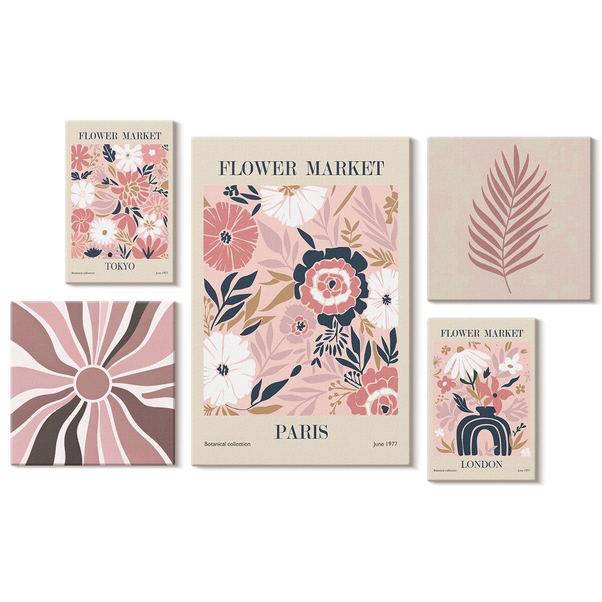 Zestaw 5 obrazów na płótnie - Kwiatowe rynki styl boho - różowy