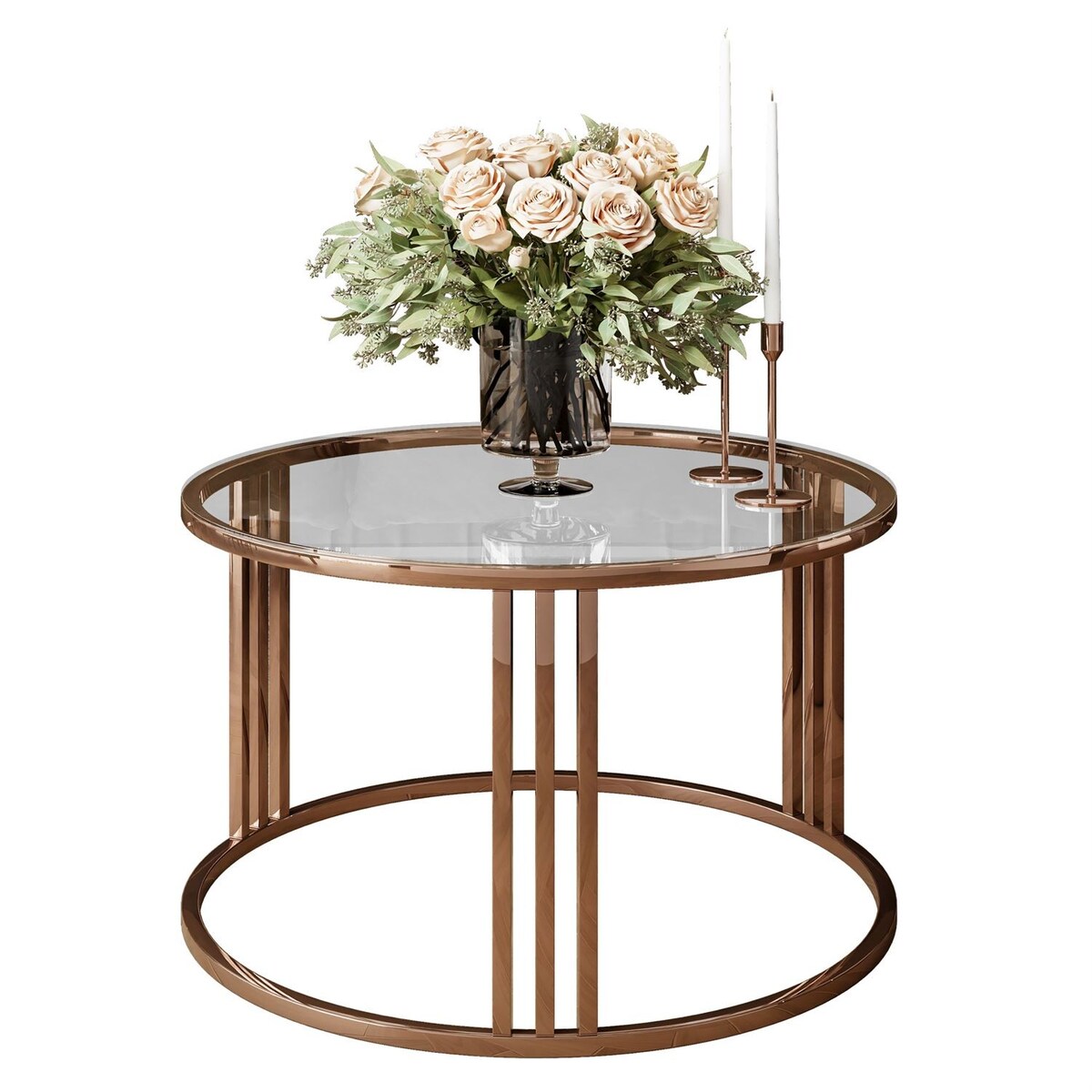 Okrągły stolik kawowy LORI GLASS z miedzianym stelażem, przezroczyste szkło
