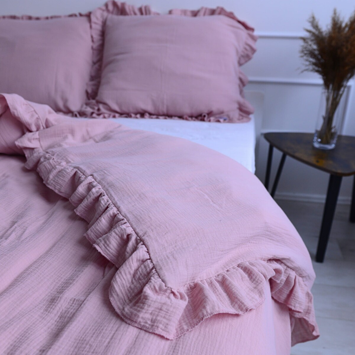 Pościel muślinowa z falbanką boho róż 200/200 + 2x70/80