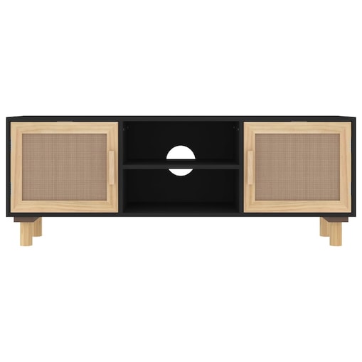 vidaXL Stolik pod TV, czarny, 105x30x40 cm, drewno sosnowe i rattan