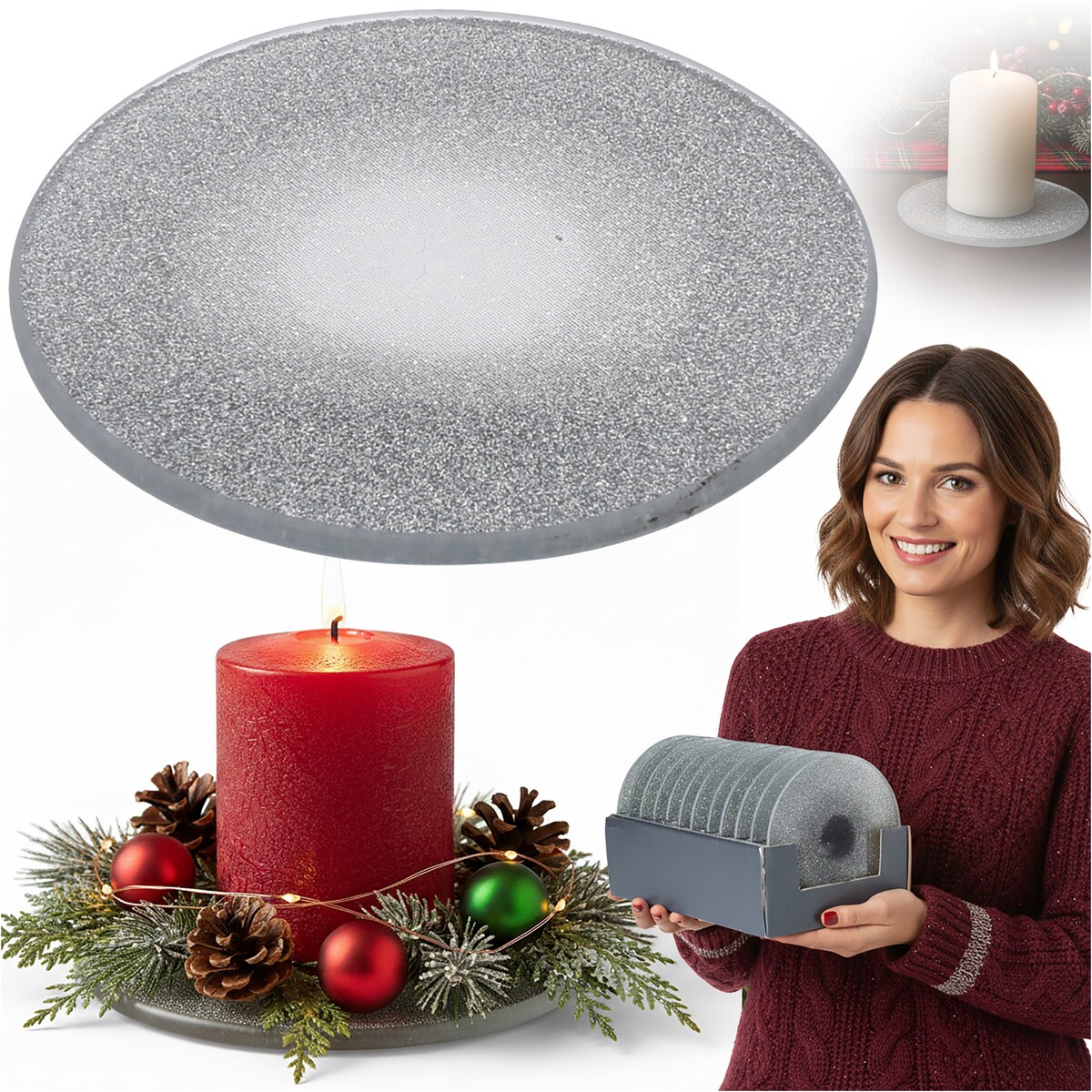 Podkładka Podstawka Pod Świecę Dekoracyjna Srebrna Z Brokatem 15 Cm