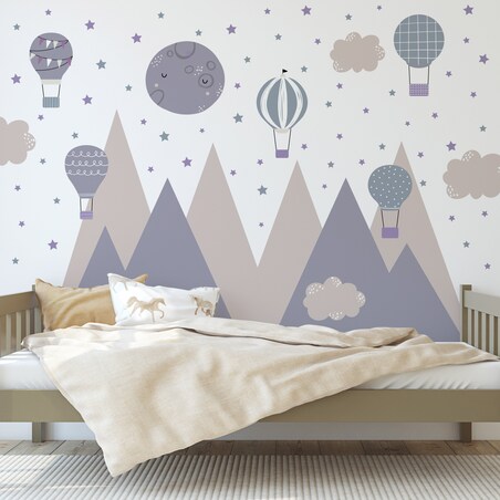 NAKLEJKI NA ŚCIANĘ DLA DZIECI FIOLETOWE GÓRY CHMURKI BALONY GWIAZDY ZESTAW