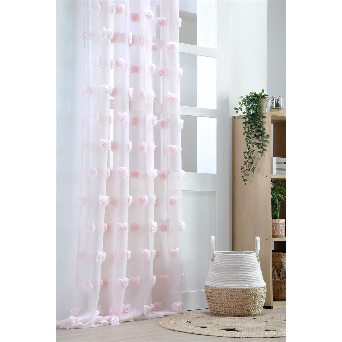 Firana POMPINOU pudrowy róż, pompony, 135 x 260 cm