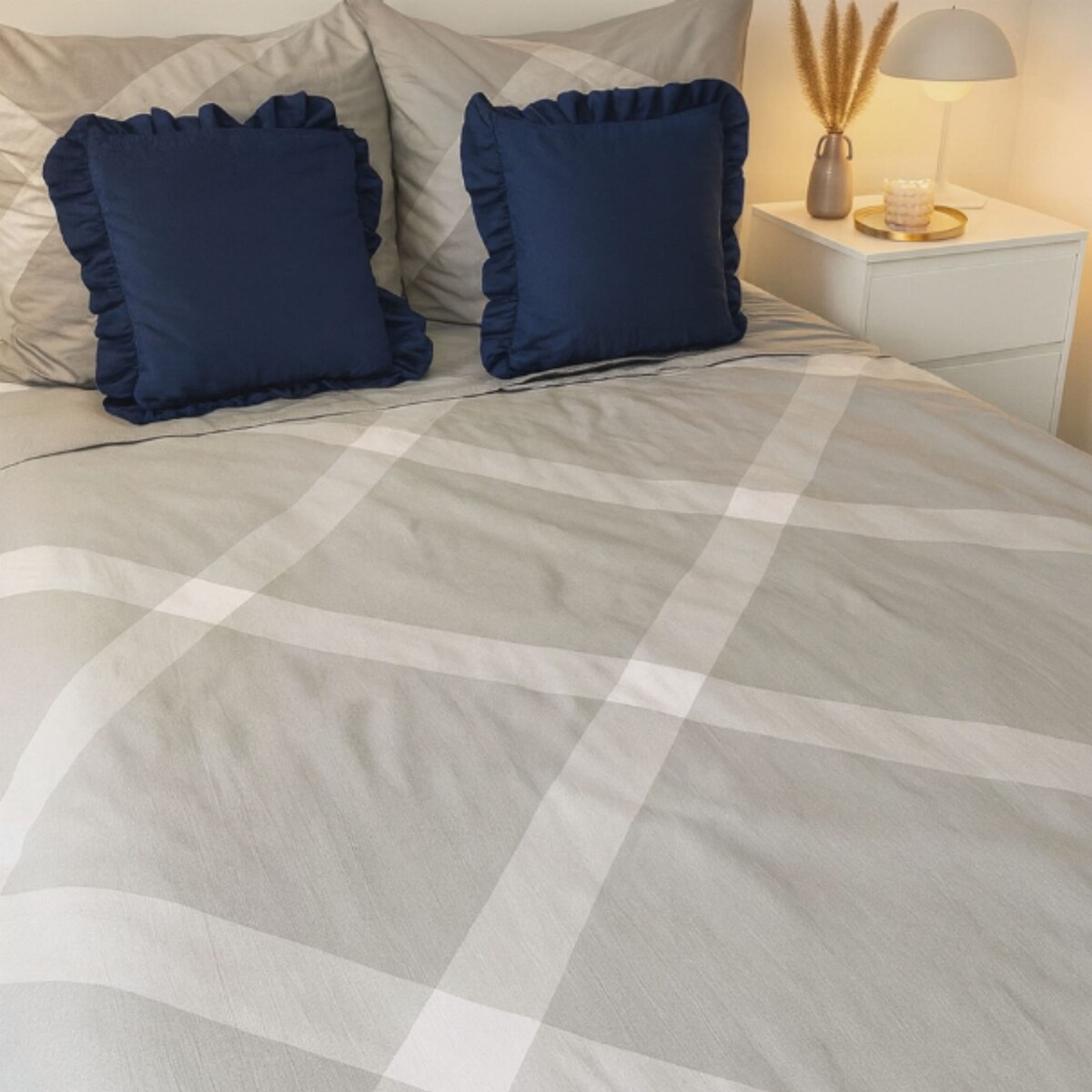 Pościel bawełniana satynowa 200x220 cm Szara Krata Polska