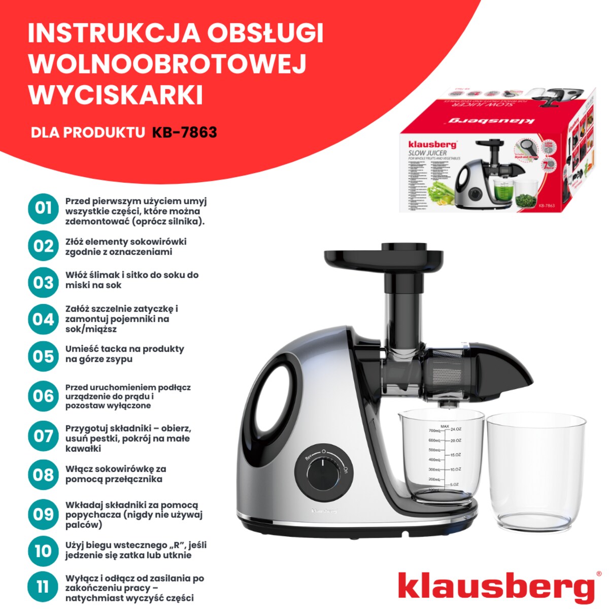 Sokowirówka wolnoobrotowa 150W do owoców i warzyw COLD PRESS KLAUSBERG KB-7863