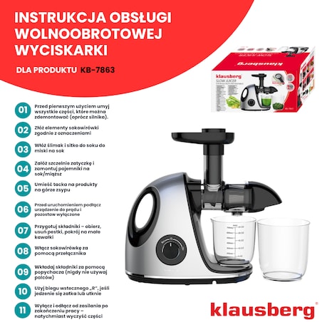 Sokowirówka wolnoobrotowa 150W do owoców i warzyw COLD PRESS KLAUSBERG KB-7863