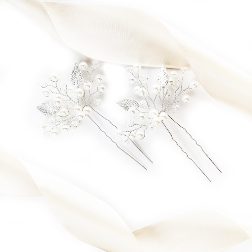 Zestaw kokówek wsuwek do fryzury ślubnej srebro LISTKI