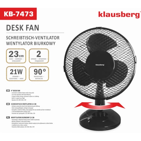 Wentylator biurkowy wiatrak stojący czarny mały 23cm KLAUSBERG