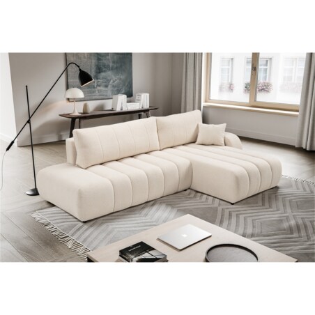 Narożnik z funkcją spania ALOO, prawostronny, tkanina boucle-kremowa